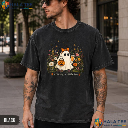 Growing Little Boo Washed T-Shirt Cute Ghost Pumpkin Pregnancy Halloween