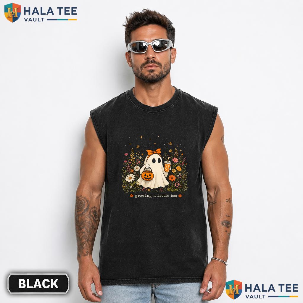 Growing Little Boo Streetwear Washed T-Shirt Cute Ghost Pumpkin Pregnancy Halloween
