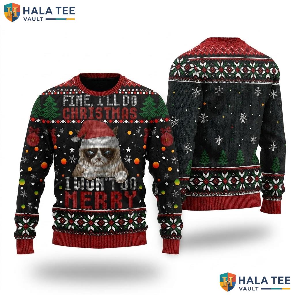 Grumpy Cat Pun Ugly Christmas Sweater Funny Joke Feline Holiday Top