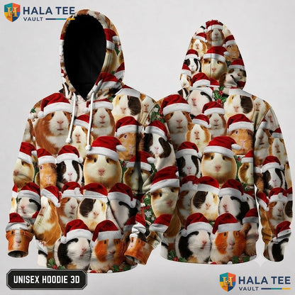 Guinea Pig Santa Hat Christmas 3D Hoodie Playful Festive Pullover