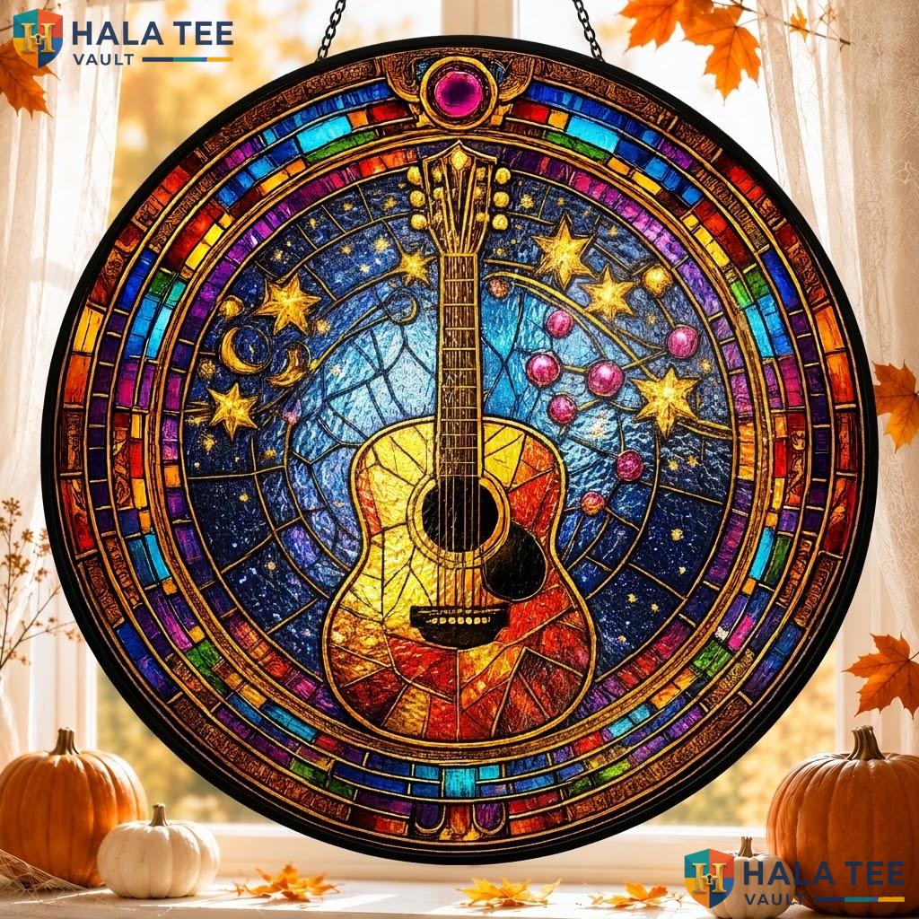 Guitar Moon Crow Stained Glass Suncatcher Spooky Autumn Window Ornament