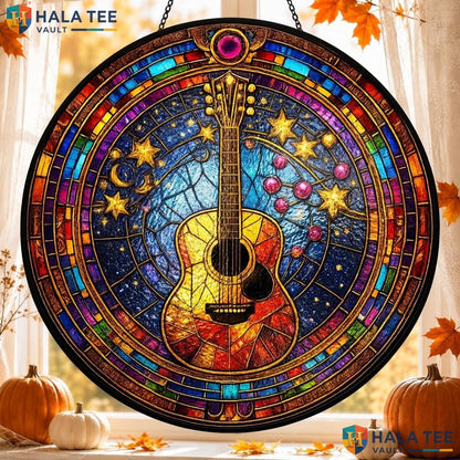 Guitar Moon Crow Stained Glass Suncatcher Spooky Autumn Window Ornament
