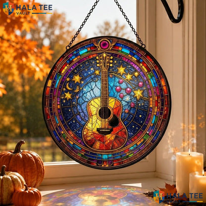 Guitar Moon Crow Stained Glass Suncatcher Spooky Autumn Window Ornament Adult