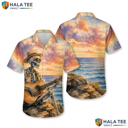 Guitar Music Halloween Hawaiian Shirt Skeleton Vintage Sunset Aloha