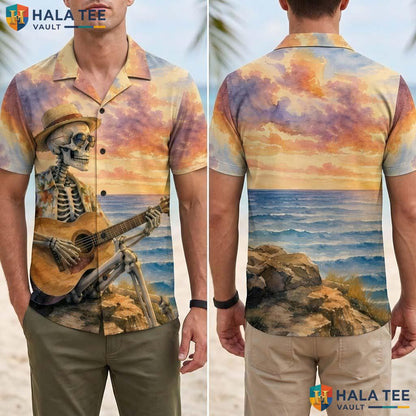 Guitar Music Halloween Hawaiian Shirt Skeleton Vintage Sunset Aloha Adult