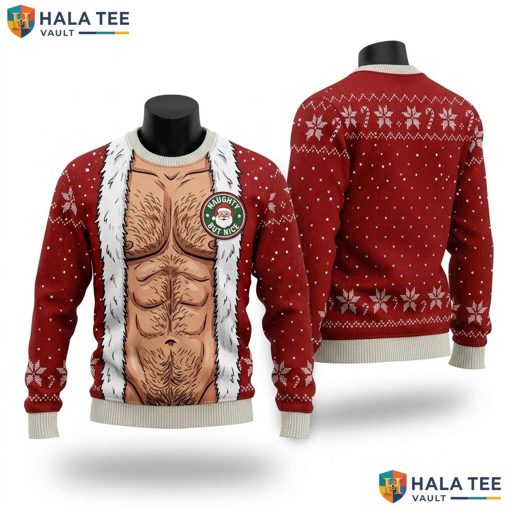 Hairy Chest Faux Fur Collar Ugly Sweater Playful Funny Santa Mens Top