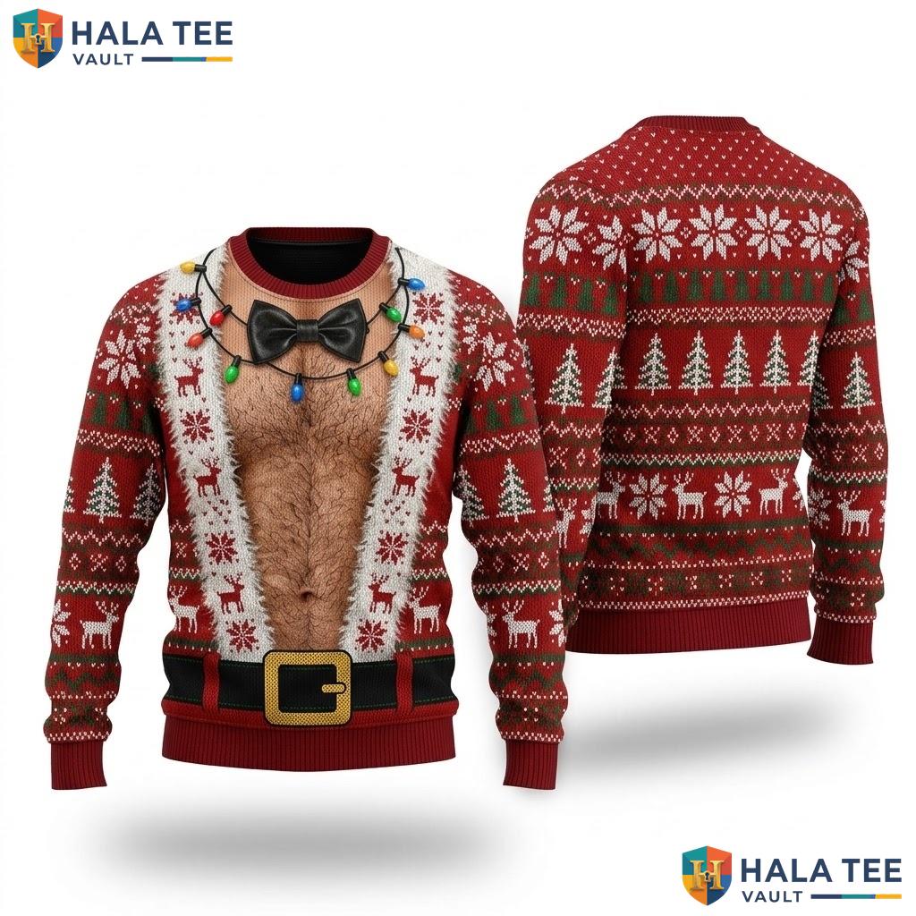 Hairy Chest Pink Santa Ugly Sweater Funny Holiday Mens Christmas Apparel