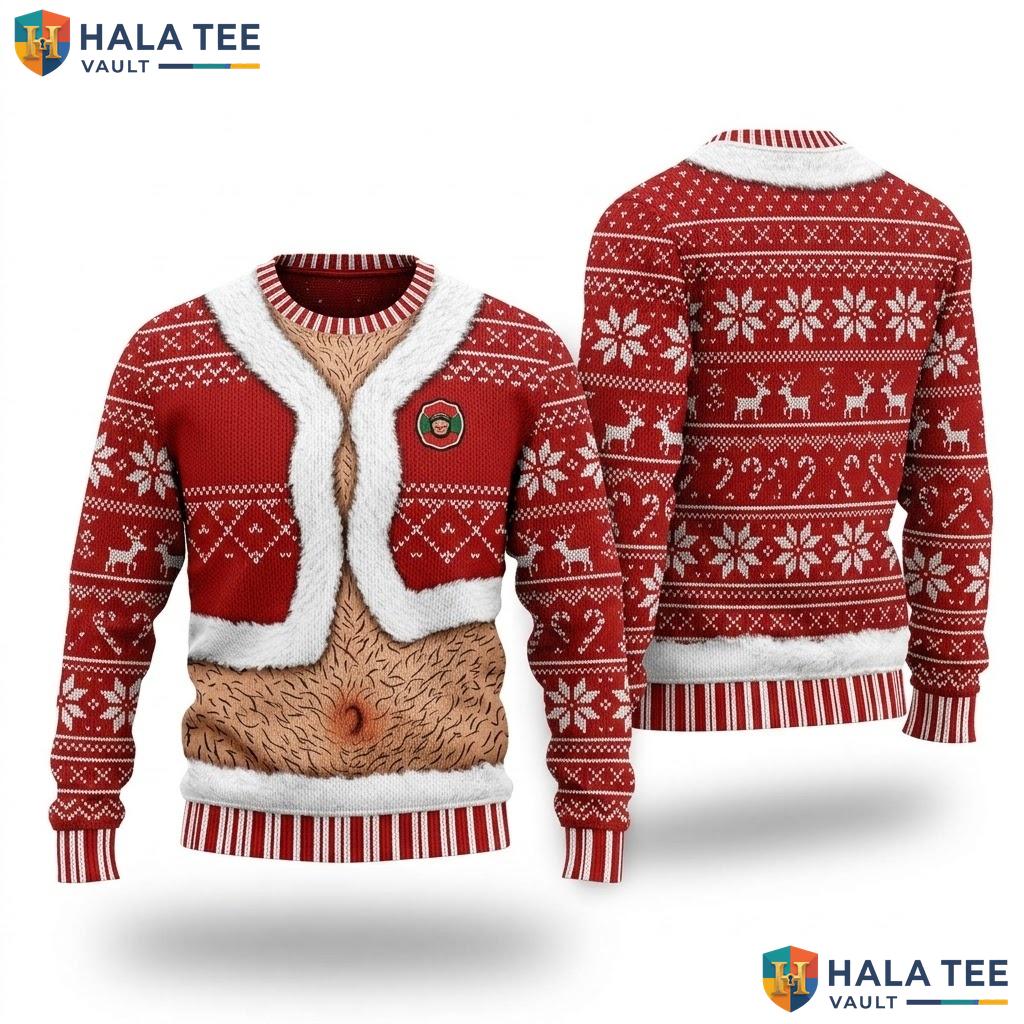 Hairy Chest Reindeer Red Christmas Sweater Funny Ugly Holiday Mens Top