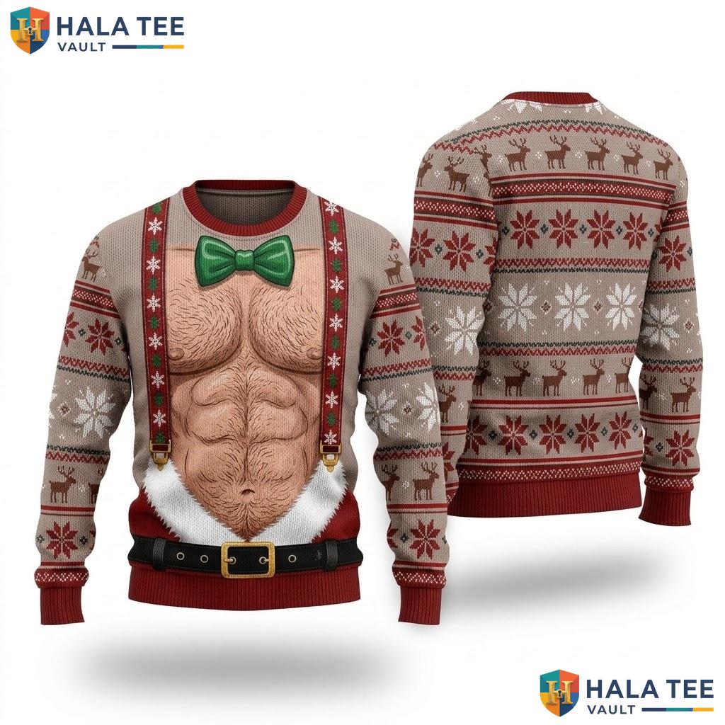 Hairy Chest Reindeer Snowflake Ugly Sweater Humorous Funny Santa Apparel