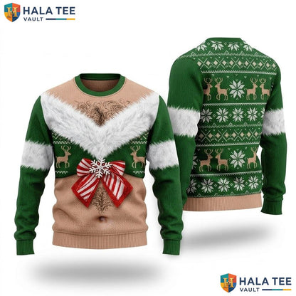 Hairy Chest Reindeer Ugly Sweater Funny Snowflake Xmas Mens Graphic Top