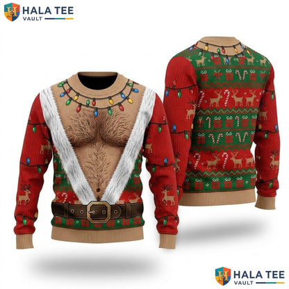 Hairy Chest Reindeer Ugly Xmas Sweater Candy Cane Funny Mens Graphic