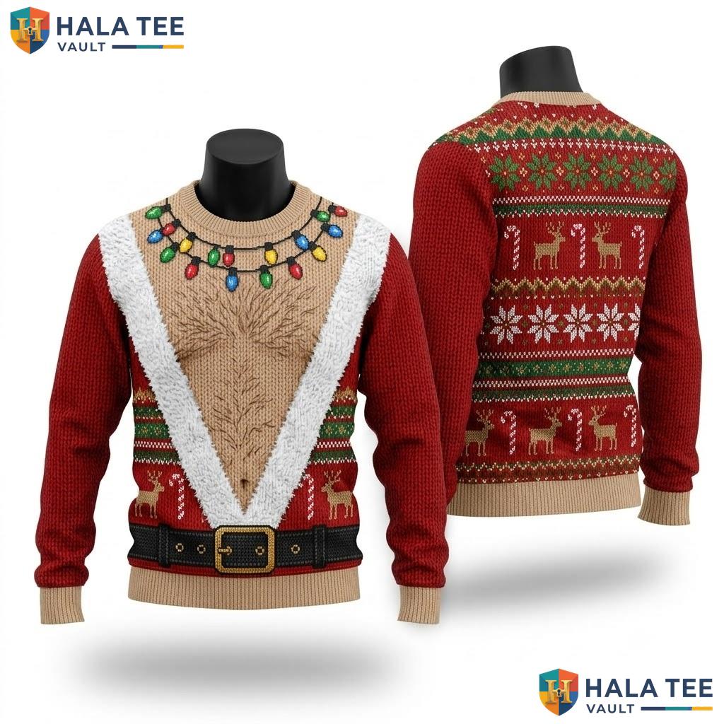 Hairy Chest Santa Ugly Christmas Sweater Funny Festive Holiday Apparel