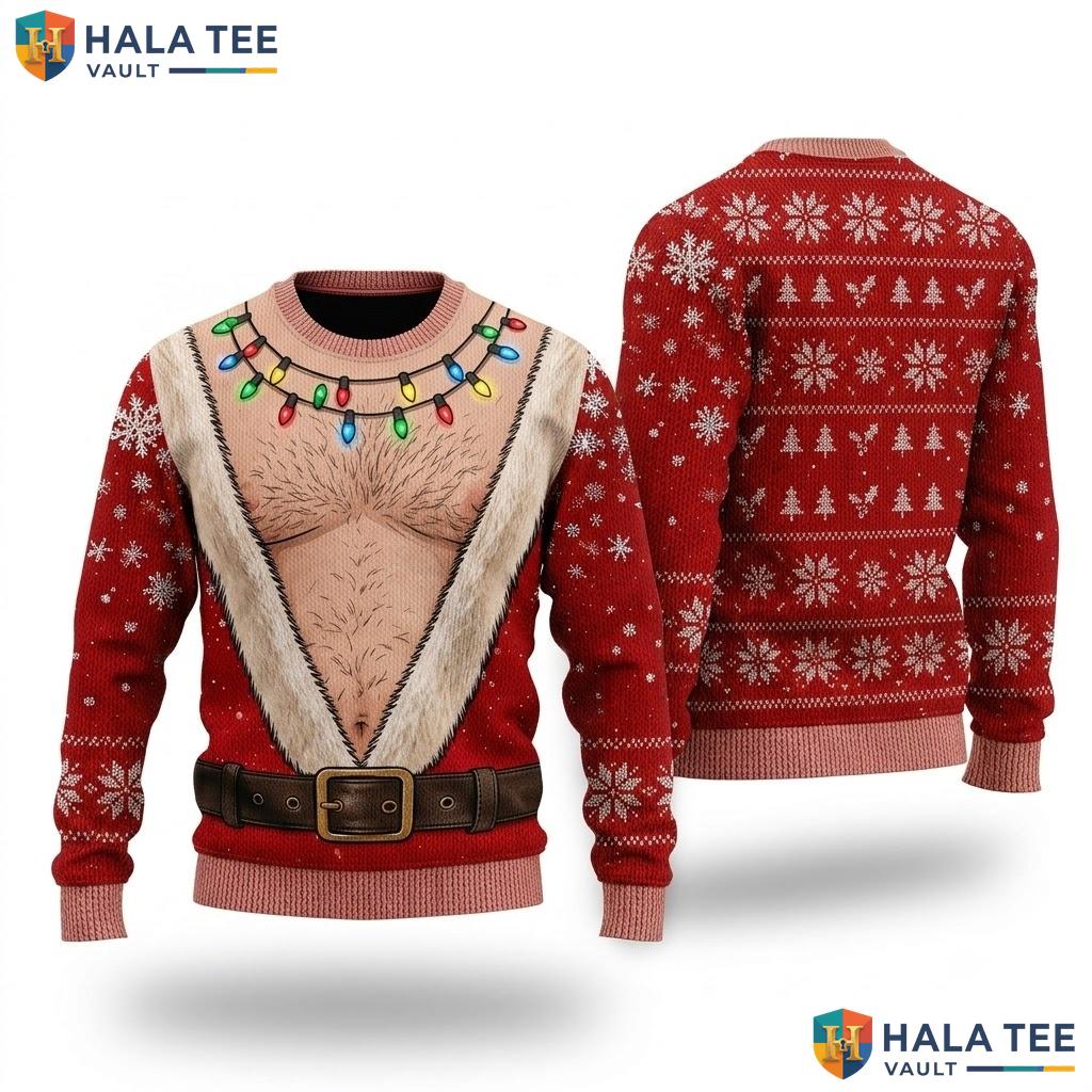 Hairy Santa Printed Lights Christmas Sweater Funny Xmas Red Graphic Top