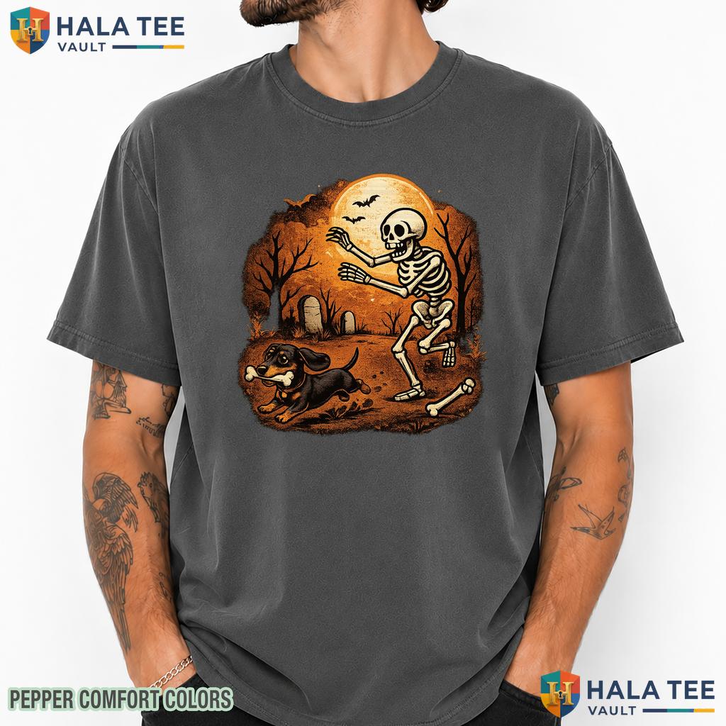 Halloween Dachshund Dog Comfort Colors T Shirt Funny Skeleton Pet Lover Top Vintage Washed Tee