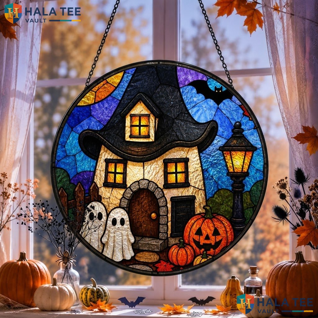 Halloween House Stained Glass Suncatcher Colorful Ghost Pumpkin Autumn Room Art
