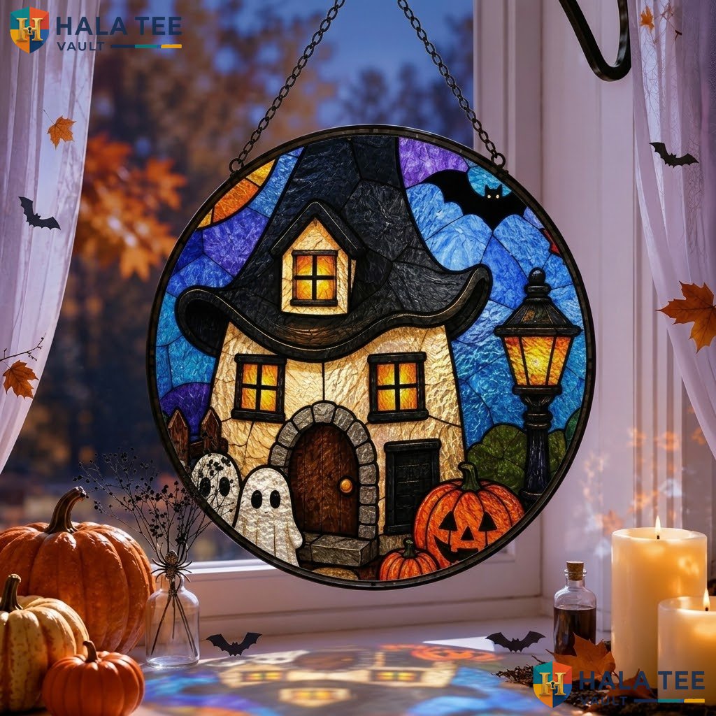 Halloween House Stained Glass Suncatcher Colorful Ghost Pumpkin Autumn Room Art Adult