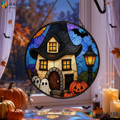 Halloween House Stained Glass Suncatcher Colorful Ghost Pumpkin Autumn Room Art Adult