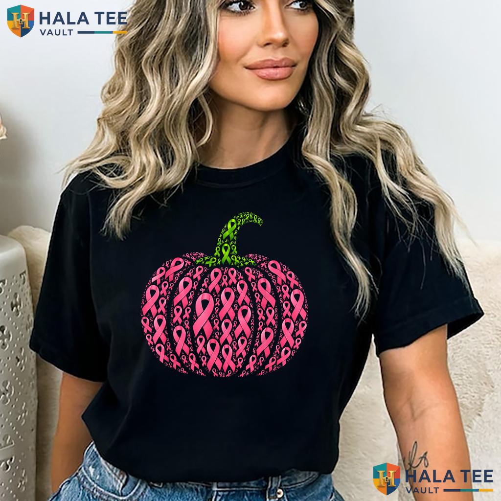 Halloween Pink Ribbon Pumpkin T-Shirt Breast Cancer Autumn Fall Adult