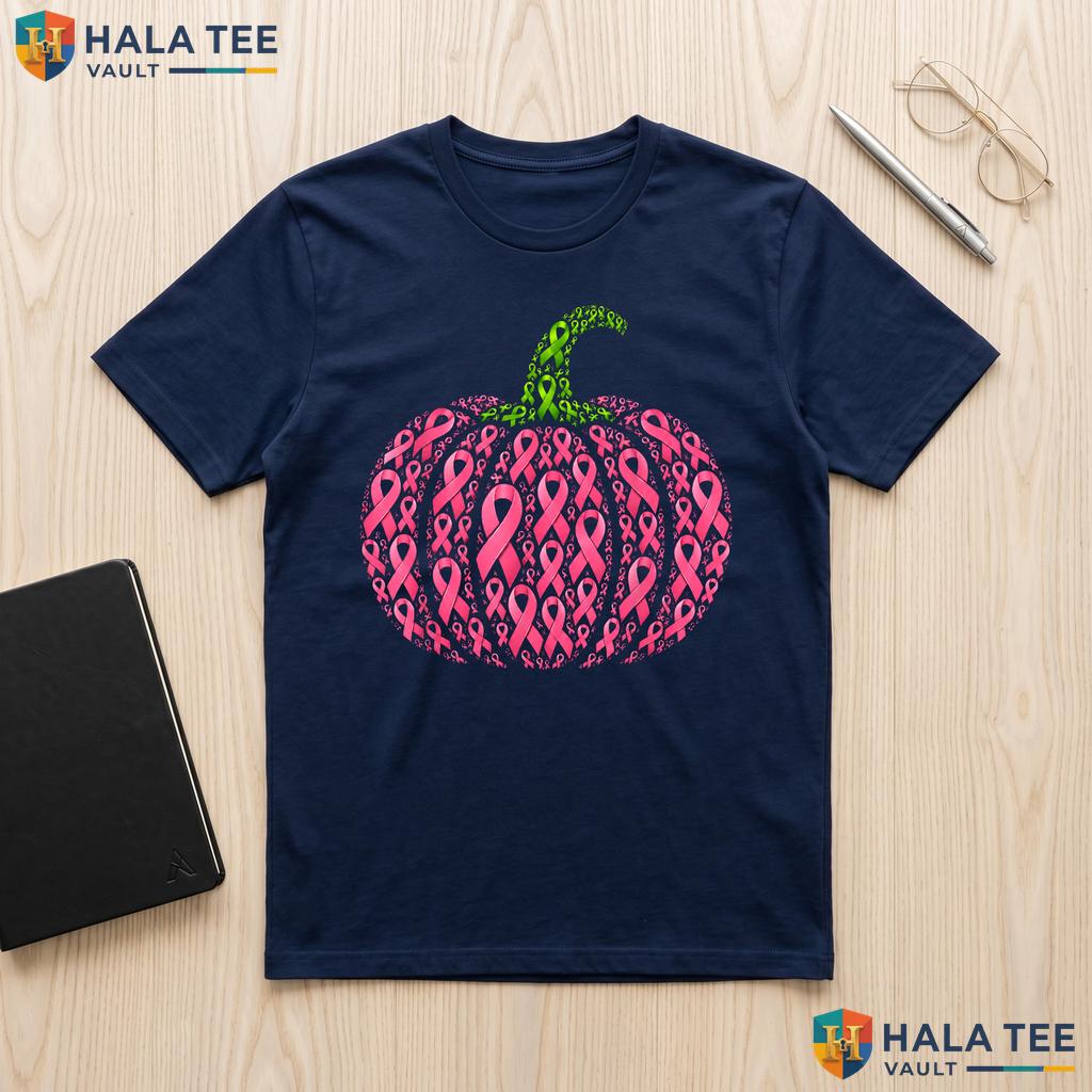 Halloween Pink Ribbon Pumpkin T-Shirt Breast Cancer Autumn Fall Adult
