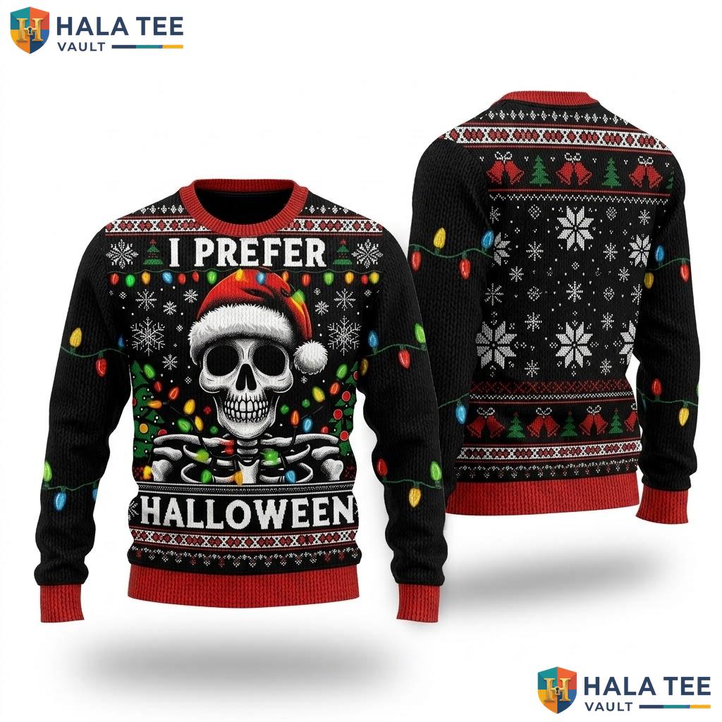 Halloween Skeleton Skull Christmas Sweater Santa Hat Prefer Holiday