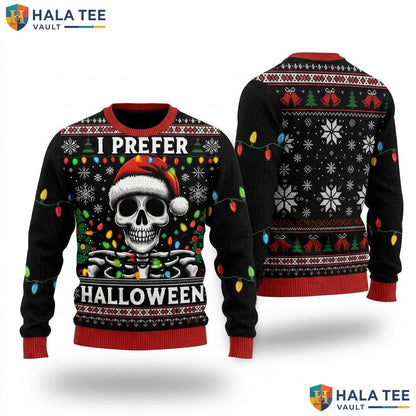 Halloween Skeleton Skull Christmas Sweater Santa Hat Prefer Holiday