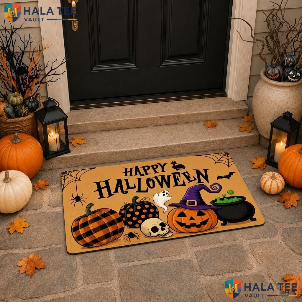 Happy Jack O Lantern Halloween Doormat Spooky Witches Hat Brewing Rug
