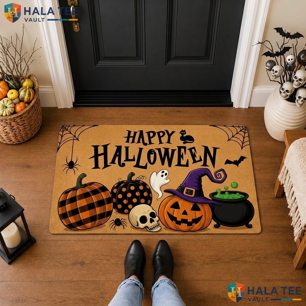 Happy Jack O Lantern Halloween Front door mat Spooky Witches Hat Brewing Rug