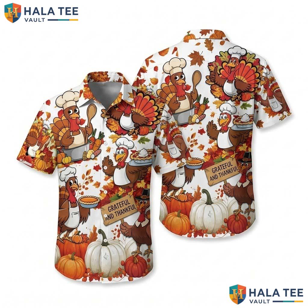 Happy Thanksgiving Hawaiian Shirt Fall Leaves Pumpkin Button Down Mens