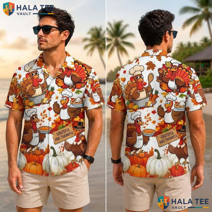 Happy Thanksgiving Tropical Shirt Fall Leaves Pumpkin Button Down Mens