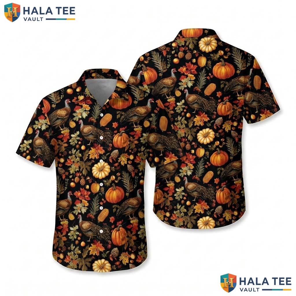 Happy Turkey Day Hawaiian Shirt Fall Leaves Pumpkin Button Down Beach
