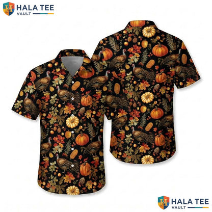 Happy Turkey Day Hawaiian Shirt Fall Leaves Pumpkin Button Down Beach