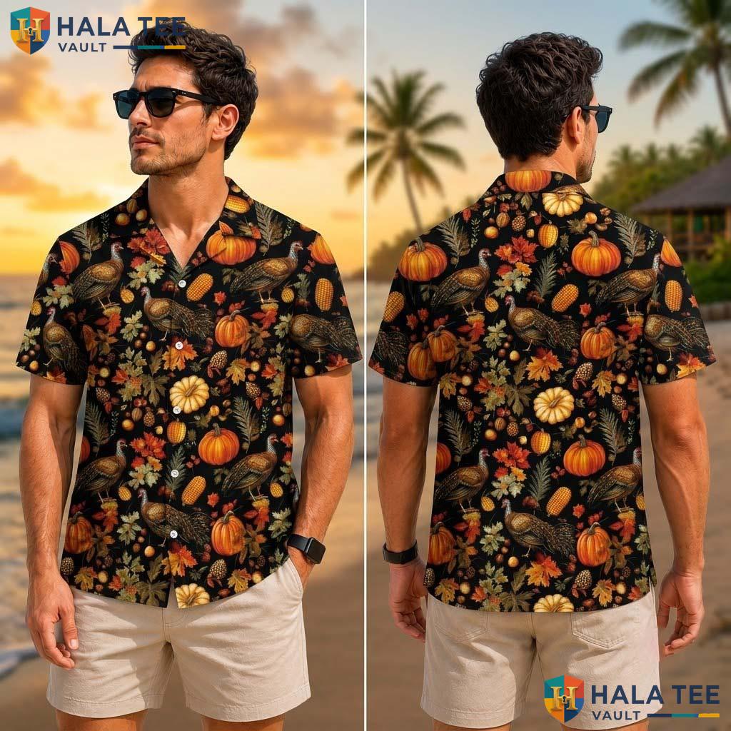 Happy Turkey Day Tropical Shirt Fall Leaves Pumpkin Button Down Beach