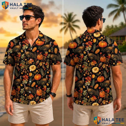 Happy Turkey Day Tropical Shirt Fall Leaves Pumpkin Button Down Beach