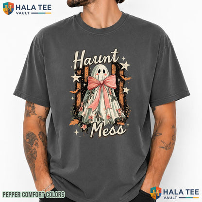 Haunt Mess Ghost Comfort Colors T Shirt Trendy Preppy Striped Halloween Top Heavyweight Cotton T-Shirt