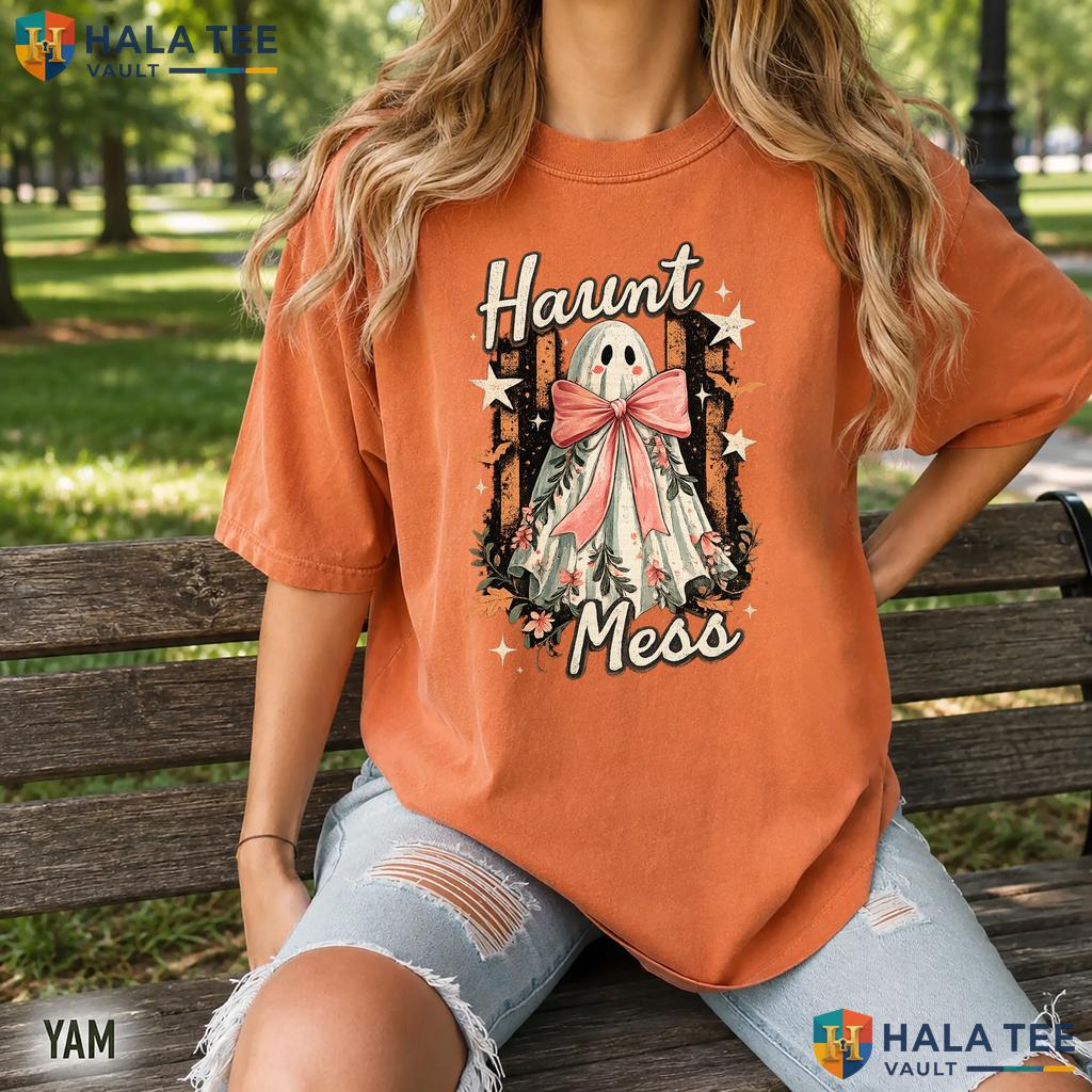 Haunt Mess Ghost Comfort Colors T Shirt Trendy Preppy Striped Halloween Top Relaxed Fit Tee