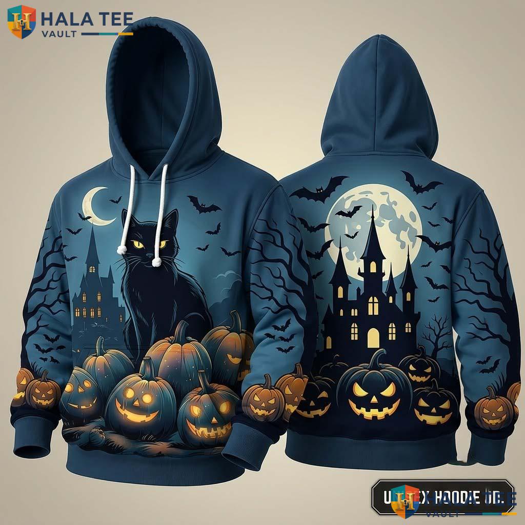 Haunted Castle Black Cat 3D Hoodie Whimsical Pumpkin Graphic Halloween