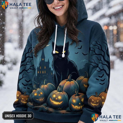 Haunted Castle Black Cat 3D Printed Hoodie Whimsical Pumpkin Graphic Halloween