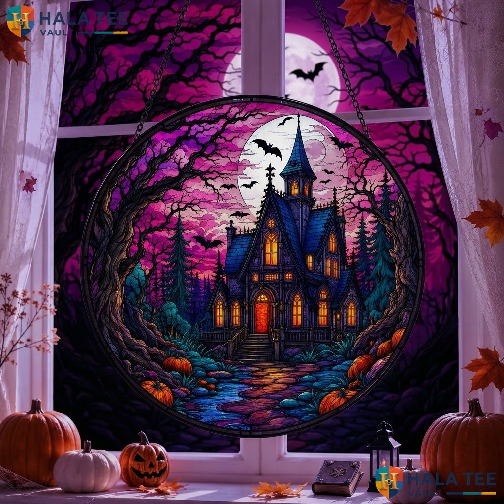 Haunted Castle Halloween Stained Glass Suncatcher Full Moon Pumpkin Decor Gift