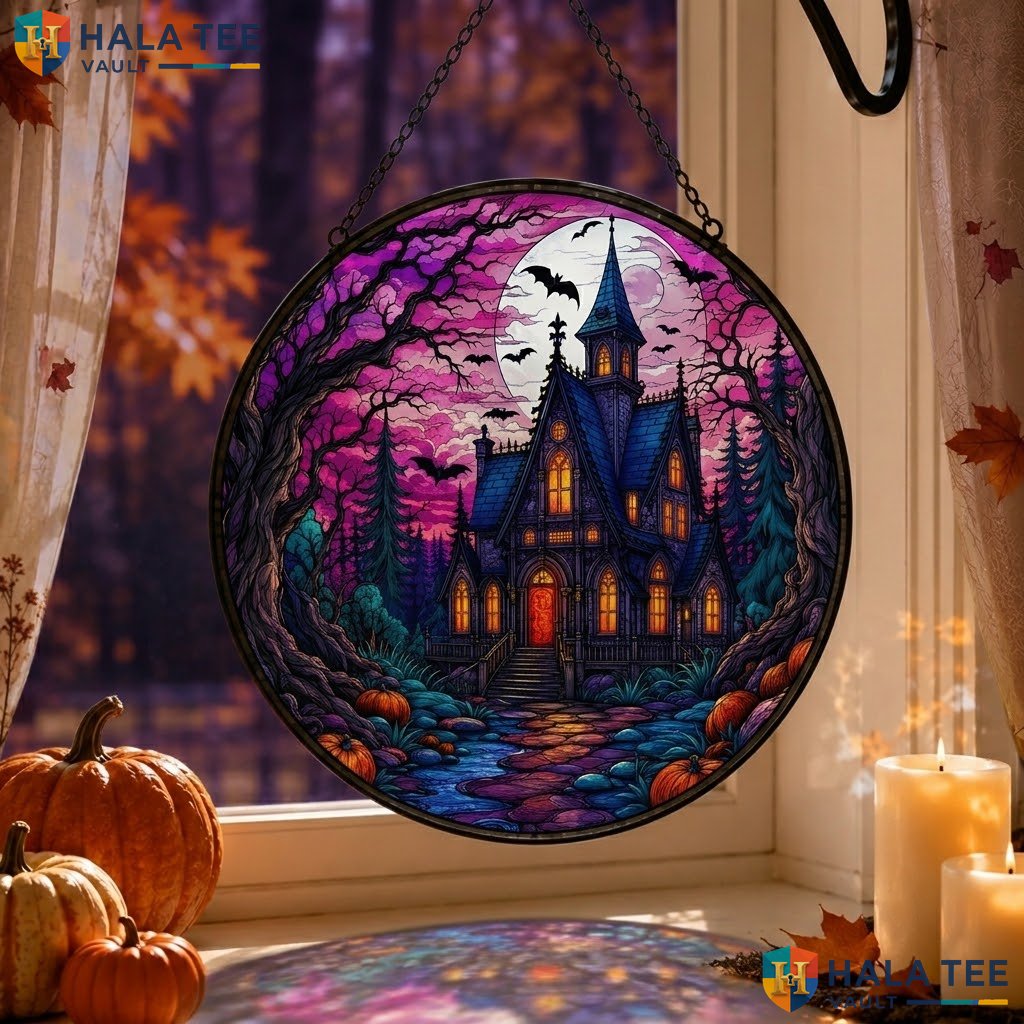 Haunted Castle Halloween Stained Glass Suncatcher Full Moon Pumpkin Decor Gift Adult