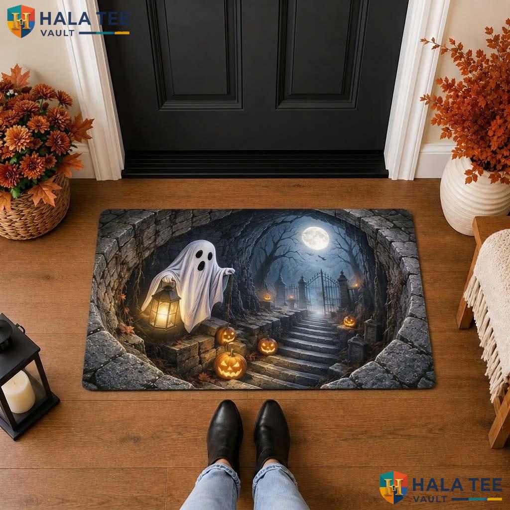 Haunted Cemetery Ghost Halloween Front door mat Spooky 3D Illusion Floor Decor