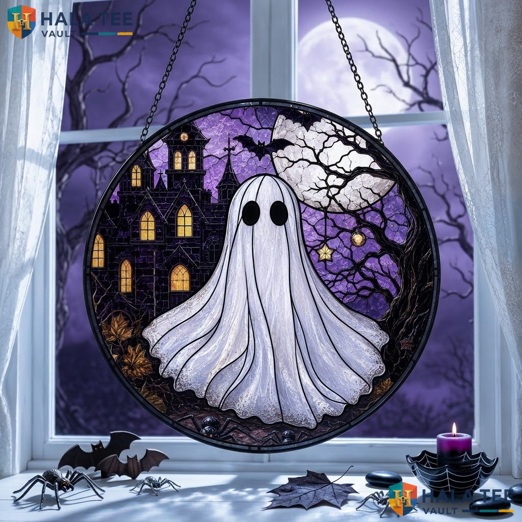 Haunted Ghost Halloween Stained Glass Suncatcher Spooky Castle Moon Decor Art