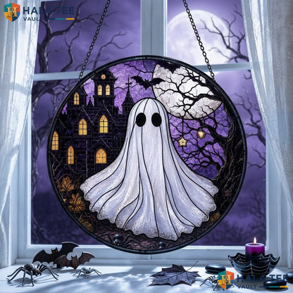 Haunted Ghost Halloween Stained Glass Suncatcher Spooky Castle Moon Decor Art