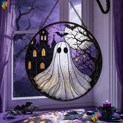Haunted Ghost Halloween Stained Glass Suncatcher Spooky Castle Moon Decor Art Adult