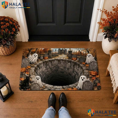 Haunted House 3D Halloween Front door mat Spooky Ghost Pumpkin Illusion Decor