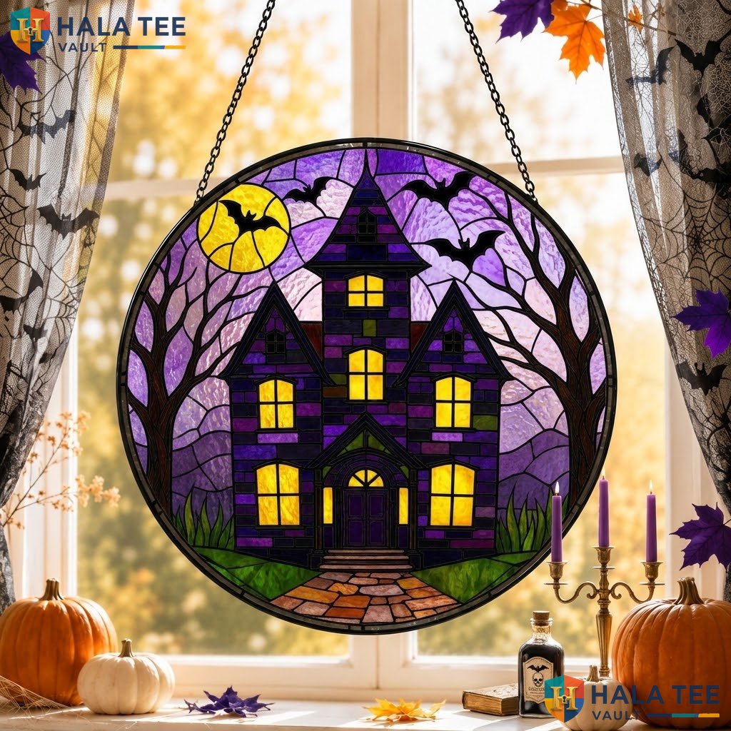 Haunted House Bat Halloween Stained Glass Suncatcher Artistic Full Moon Decor