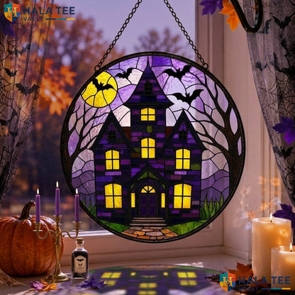 Haunted House Bat Halloween Stained Glass Suncatcher Artistic Full Moon Decor Adult