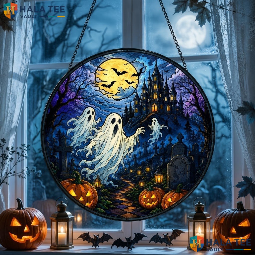 Haunted House Decor Halloween Stained Glass Suncatcher Vibrant Ghost Ornament
