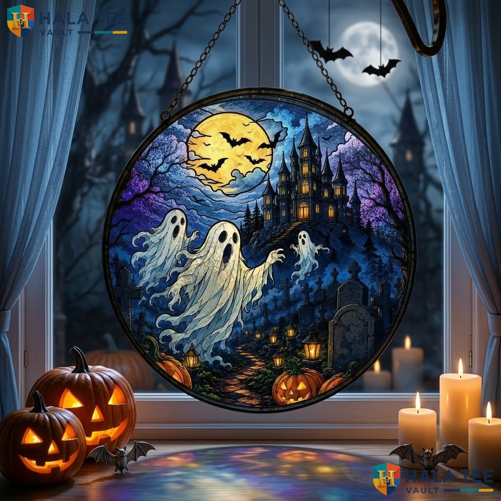 Haunted House Decor Halloween Stained Glass Suncatcher Vibrant Ghost Ornament Adult