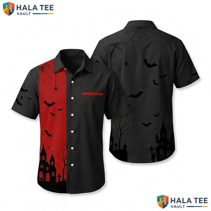 Haunted House Halloween Hawaiian Shirt Spooky Gothic Bat Aloha Top