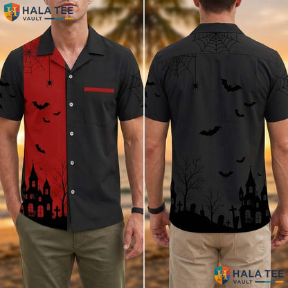 Haunted House Halloween Hawaiian Shirt Spooky Gothic Bat Aloha Top Adult
